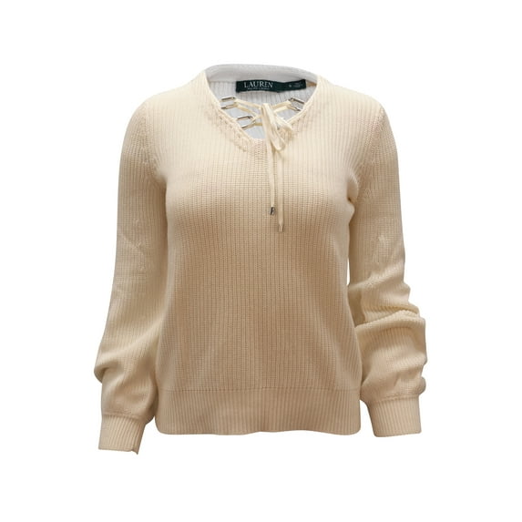 Pre-Owned Ralph Lauren Valayna Lace-Up V-Neck Sweater in Ivory Cotton
