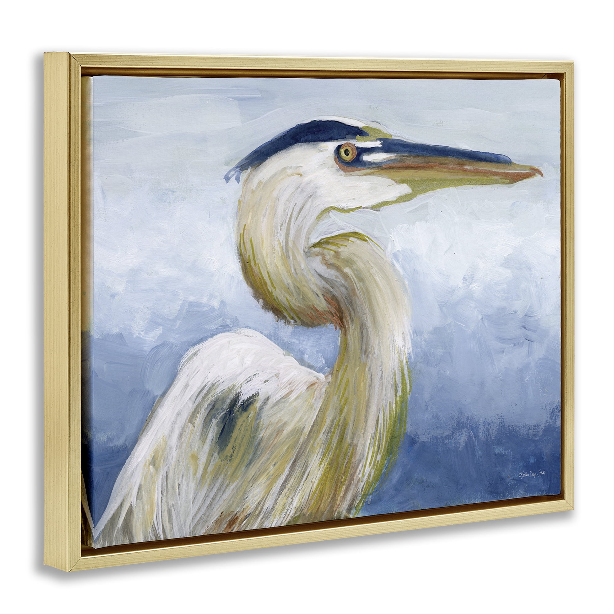 Stupell Industries Heron & Blue Gradient Animals & Insects Painting Gold Floater Framed Canvas Art Print Wall Art, 21 x 17