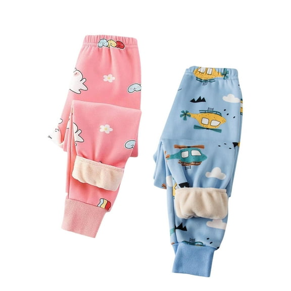 Thetops Big Girls Blue 2-Pack Pants - 100% Cotton Fleece Lined, Warm for Fall/Winter, Elastic Waist, Cute Prints, 9T, Daily Wear & School Outings