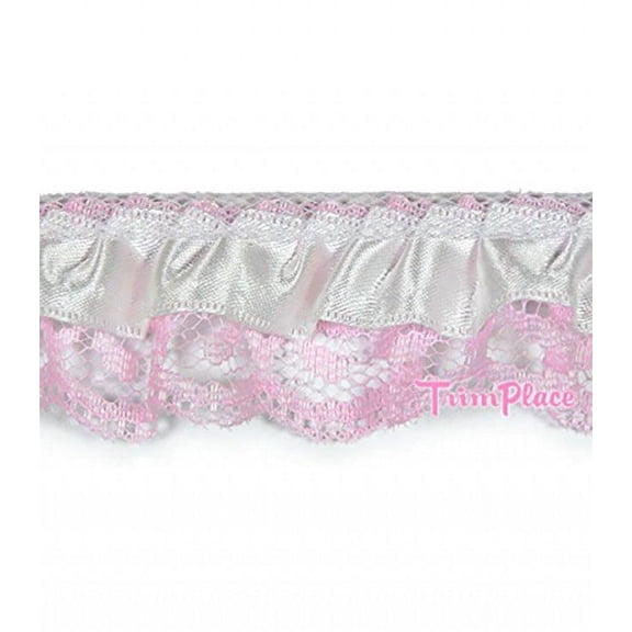 PINK 1-1/8 INCH RUFFLED LACE WITH WHITE RIBBON