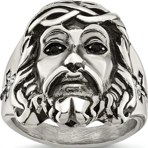 Stainless Steel Antiqued And Polished With Black & White Crystal Jesus Ring (Size 9) Made In China sr633-9