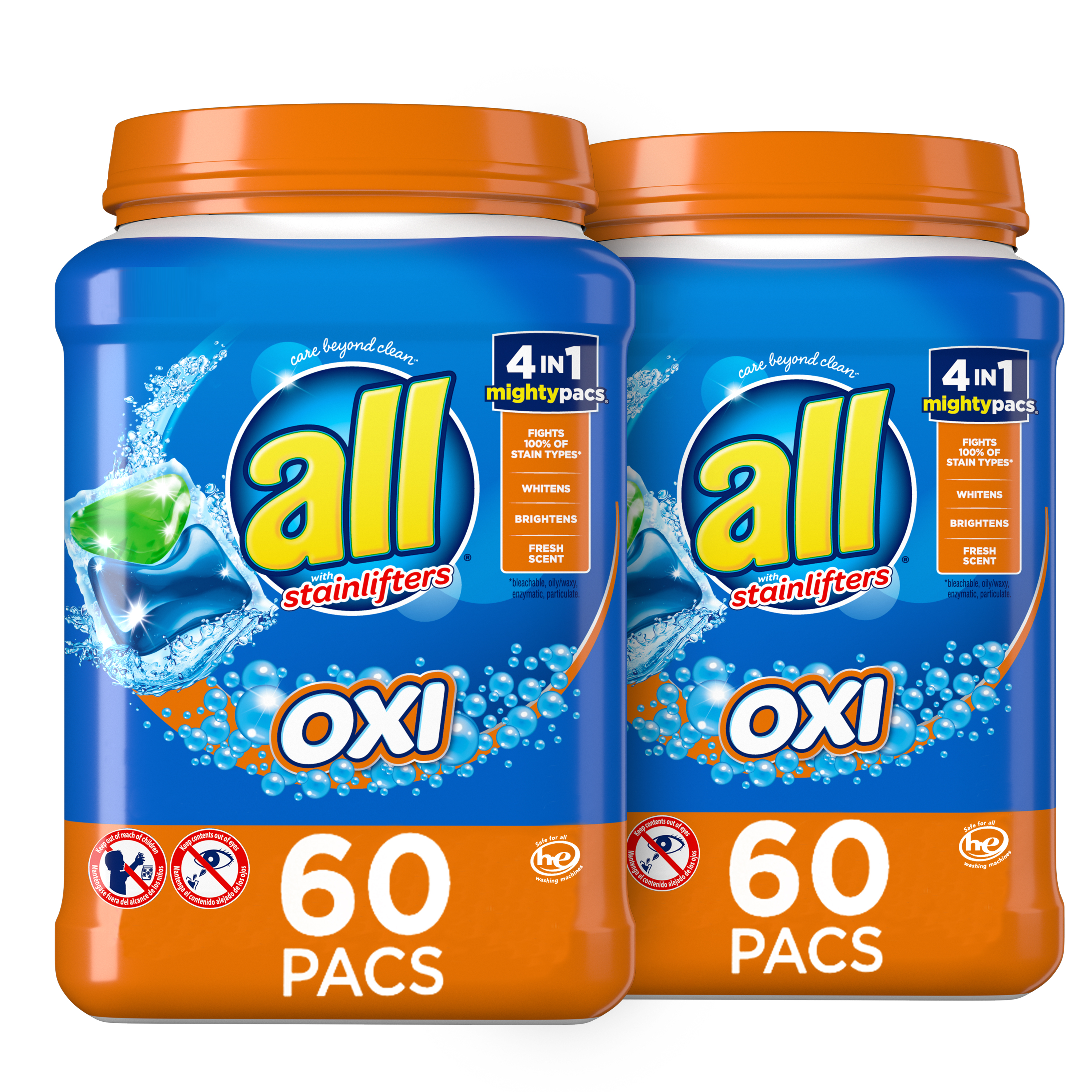 all Mighty Pacs Laundry Detergent, 120 Loads, 4 in 1 with OXI, 2 Tubs of 60 Pacs