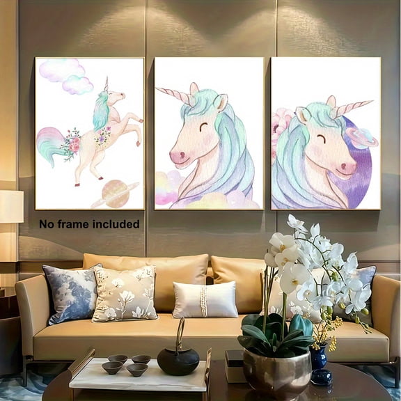 3pcs, 2D Frameless Canvas Art, Living Room Decor, Set of 3 Unicorn Wall Prints, Girl's Bedroom Kids' Room Decoration, Pink Children's Poster, Cute Unicorn, 2D Flat, Perfect for Room Decor