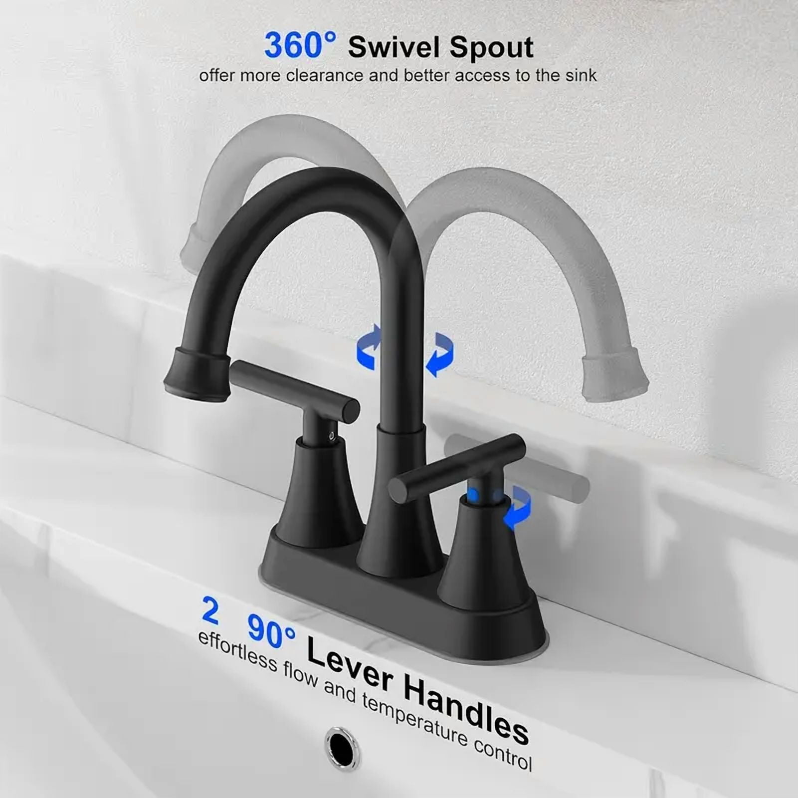 Matte Black Bathroom Sink Faucet 3Holes 4in Centerset Vanity Mixer with Drain