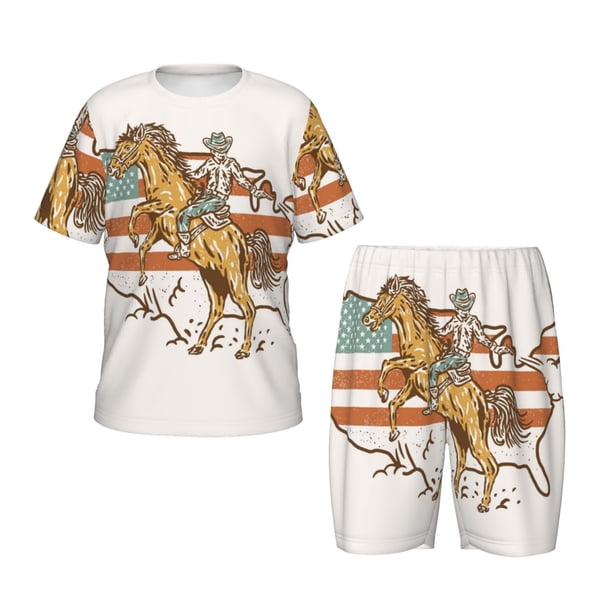 Balery Vintage Wild West Cowboy Conjunto de Pijama Infantil de Manga Corta con Estampado – Ropa de Dormir de Algodón Suave-X-Large