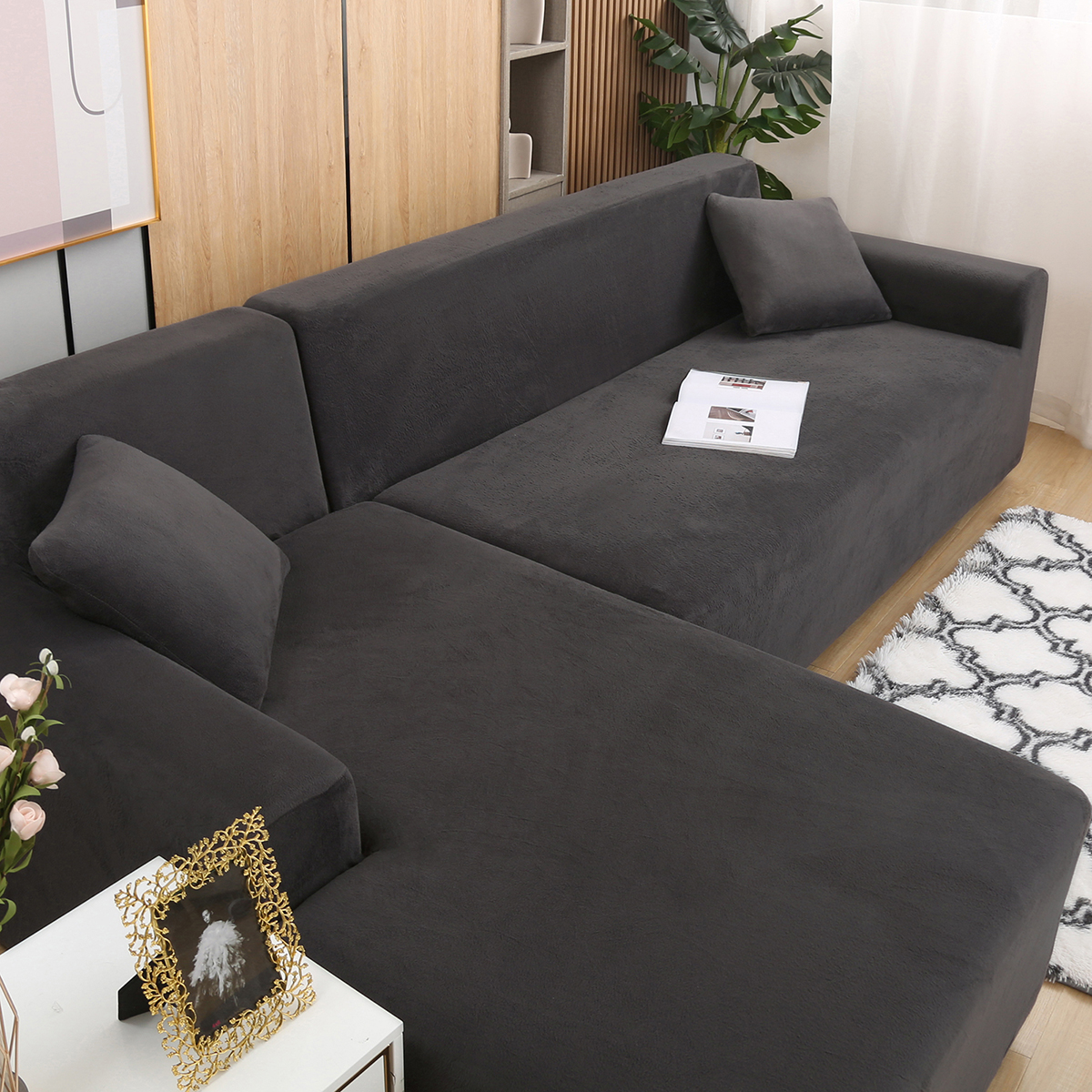 Eurhowing Sectional Couch Covers L-Shaped Sofa Covers, Velvet Super Stretch 2Pcs Sofa Slipcovers for 3 + 3 Seaters, Softness Corner Couch Cover, Dark Gray
