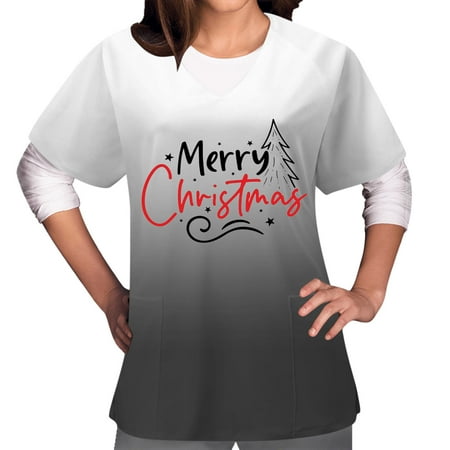 

Meichang Xmas Scrub Tops for Women Short Sleeve Medical Uniforms Nurse Stretchy Breathable Scrub Tops V-Neck Workwear with Pocket