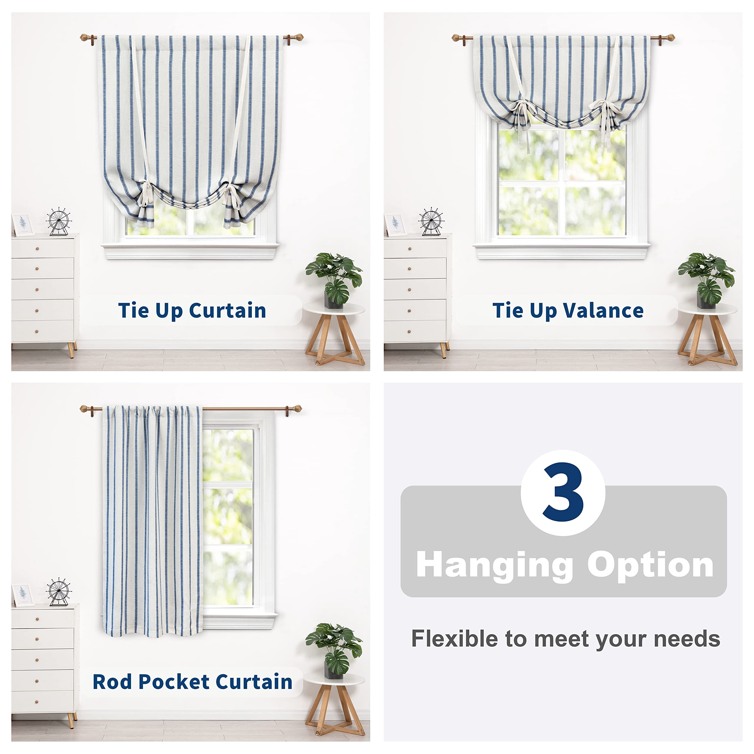 DriftAway Farmhouse Linen Blend Blackout Tie Up Curtain for Kitchen Vertical Striped Printed Tie Up Shade for Bedroom Adjustable Balloon Rod Pocket 63"L x 45"W Navy Blue