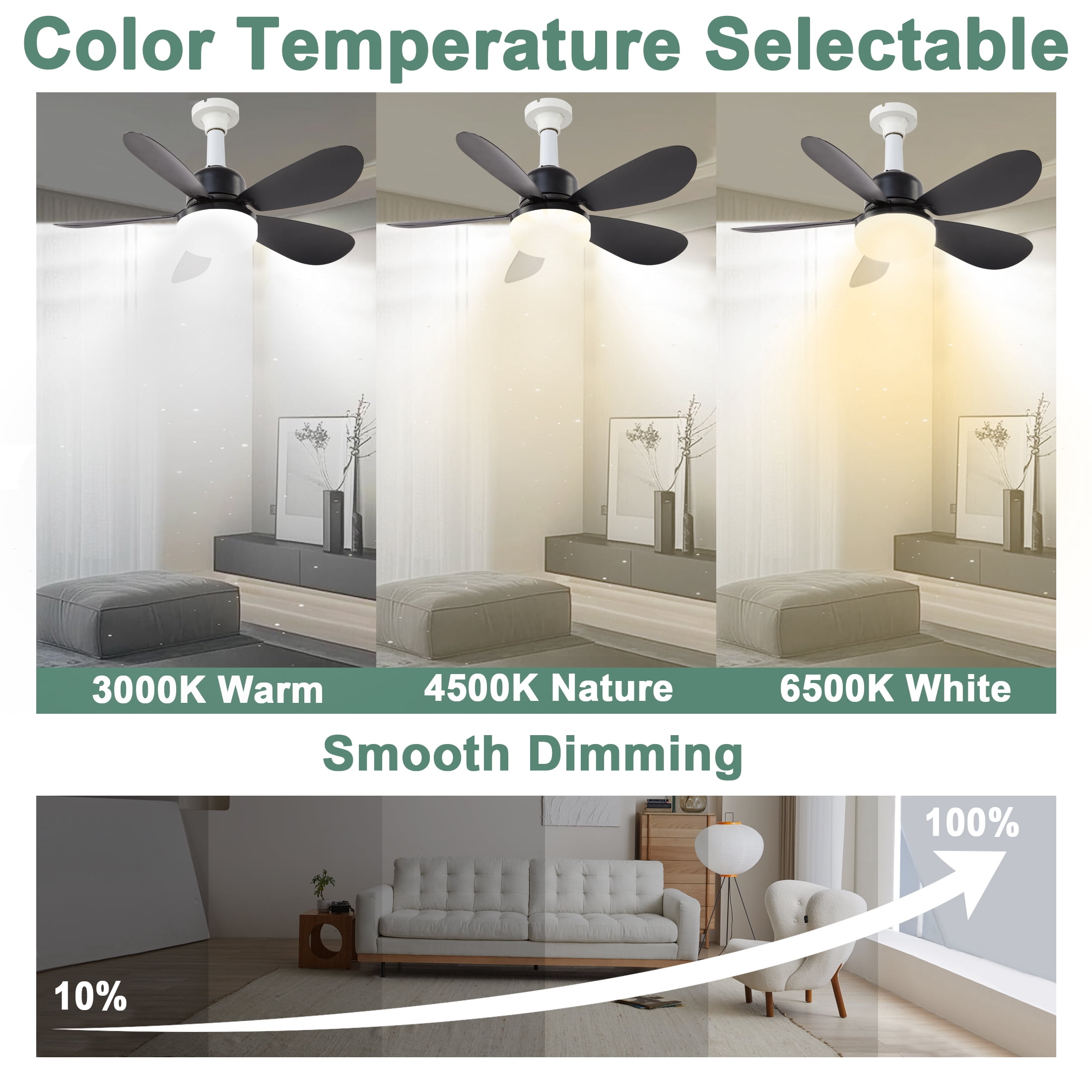LOFTER-Pro Socket Fans with Lights,20.5 inch Low Profile Ceiling Fan and Remote Control Modern Flush Mount Black Ceiling Fans,Dimmable 3 Colors,3 Speeds,5 Blades for Small Bedroom,Small Kitchen
