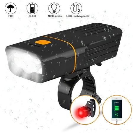Rechargeable Bike Light 3 LED 1000 Lumens Bicycle Headlight w/ free Taillight IPX5 Waterproof Bike Headlamp 3-Switch Modes Super Bright Front Light Flashlight for Night Riding Cycling Hiking