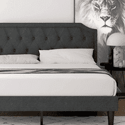 Einfach Platform Bed with Button Tufted Headboard, Dark Grey, Queen