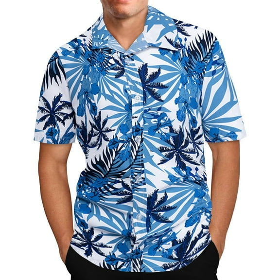 Leesechin Short Sleeve Shirts For Men Clearance Hawaiian Print Lapel Shirt 5X Blue