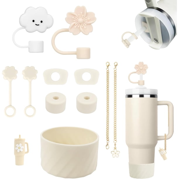 11PCS de accesorios para Stanley taza 40oz, 6 tapones antidesbordamiento, 2 cubiertas para pajitas, 2 colgantes encantos, 1 bota, accesorios de silicona para 40oz y 30oz (Beige)