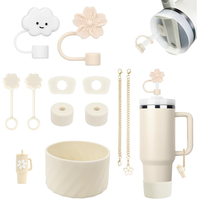 11PCS de accesorios para Stanley taza 40oz, 6 tapones antidesbordamiento, 2 cubiertas para pajitas, 2 colgantes encantos, 1 bota, accesorios de silicona para 40oz y 30oz (Beige)