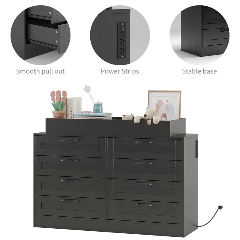 TROPOW Table Dresser with 8 Wood Drawers, Classic Nursery Dresser, Changing Shelves, Multi-Functional Diaper Changing Station, Dresser for Bedroom