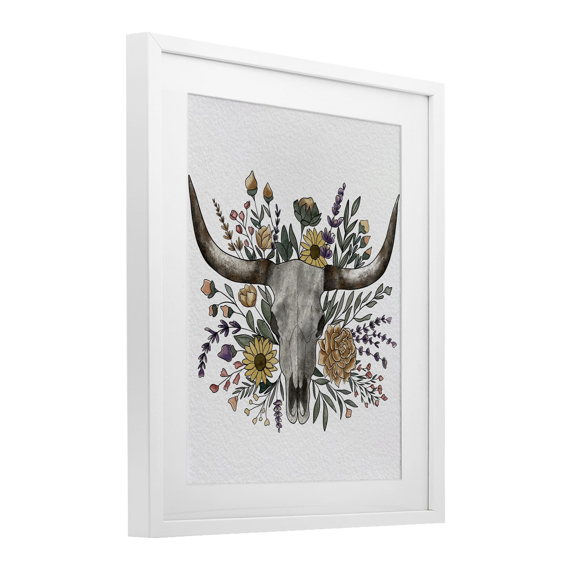 Stupell Industries Boho Wildflower Longhorn White Framed Print Under Glass, design by Alisha Kiara Design