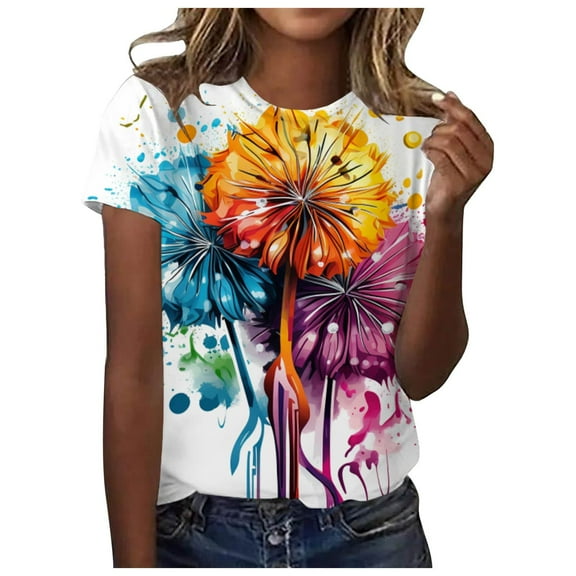 Women's AB Print Round Neck Short Sleeve T-Shirt Casual Comfortable Soft Breathable Fashion Top for Daily Wear