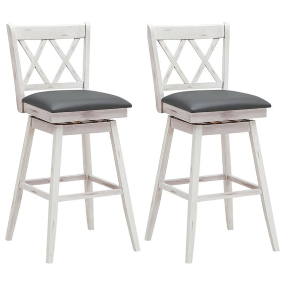 Furnibear Swivel Counter Height Bar Stools Set of 2 with Rubber Wood Legs and PVC Seat for Kitchen Office Pub, 29 Inch, White