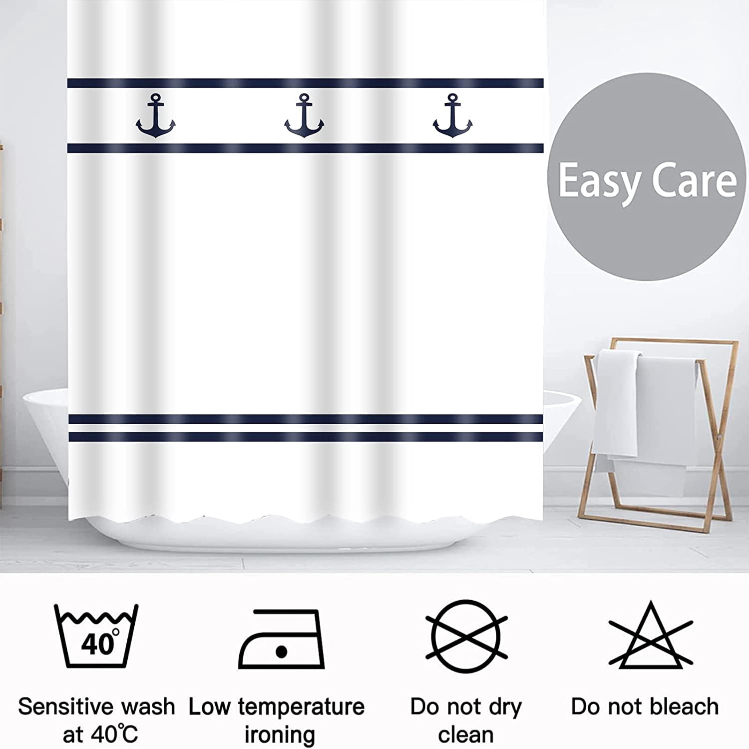 Navy Anchor Shower Curtain Sets for Bathroom, Blue White Striped Shower Curtains, Nautical Themed Bath Curtain Water Resistant, Polyester Fabric,Machine Washable with 12 Hooks 72x72in