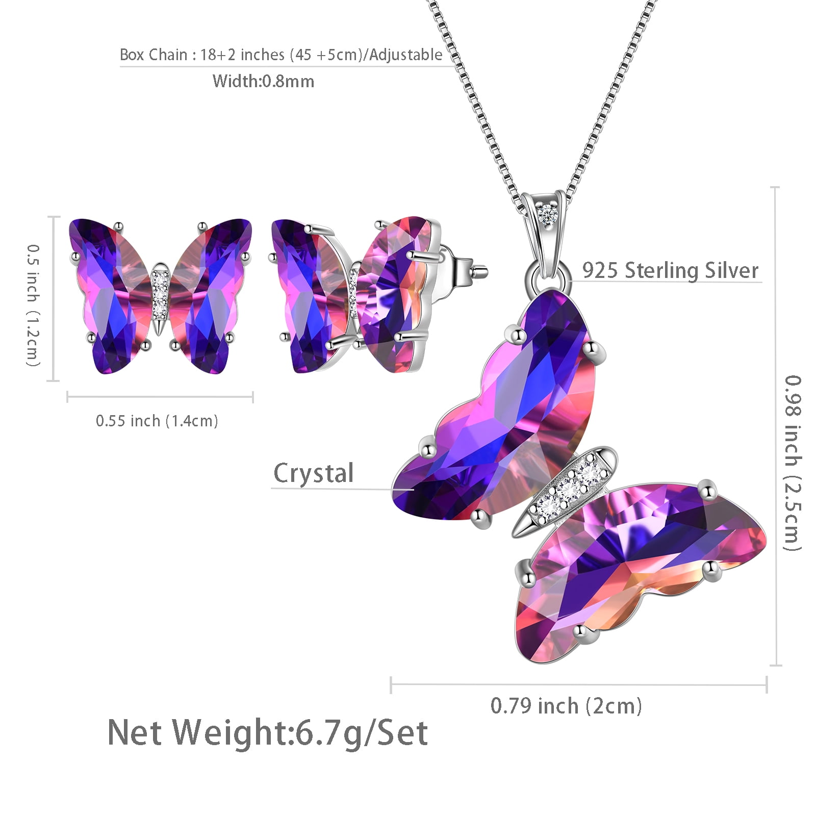 Purple Butterfly Jewelry Sets Necklace Earrings Sterling Silver, Amethyst Jewelry Set February Birthstone Crystal Women Birthday Mother's Day Gifts