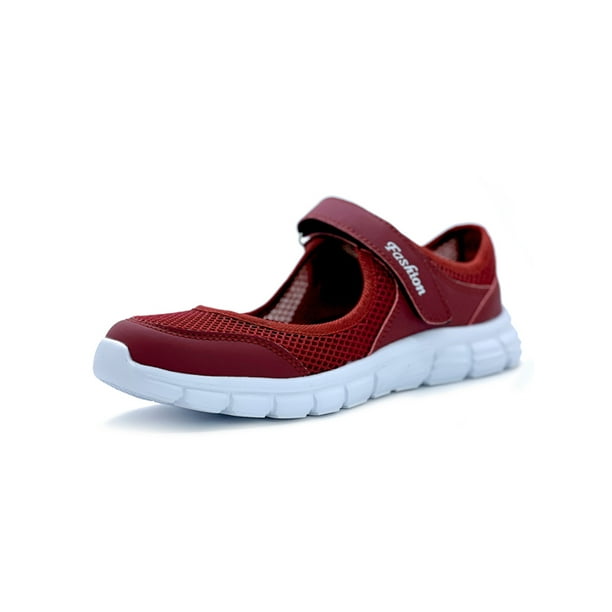 In tegenspraak Afscheid Virus Tenmix Ladies Mary Jane Sneakers Mesh Casual Shoe Ankle Strap Walking Shoes  Hollow Out Flats Womens Anti Slip Breathable Wine Red 7 - Walmart.com