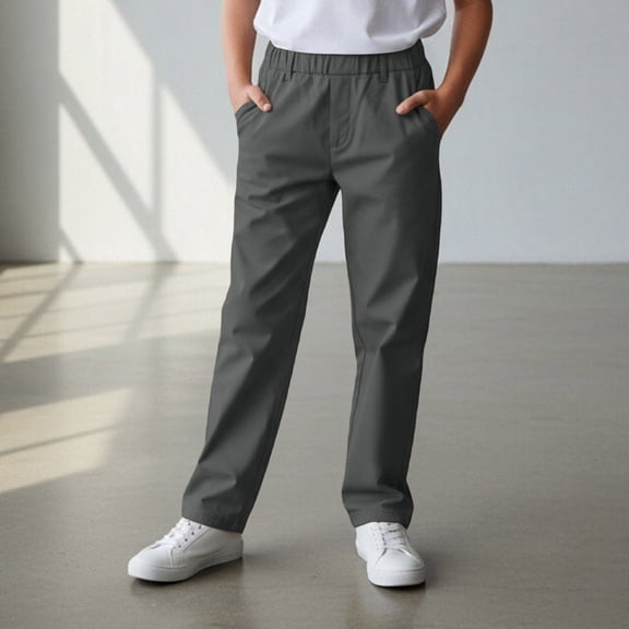 HOWPAY Boys Uniform Pants Pull on Stretch Dress Pants with Pockets Elastic Waistband Causal Lightweight Relaxed Fit School Clothes Dark Gray