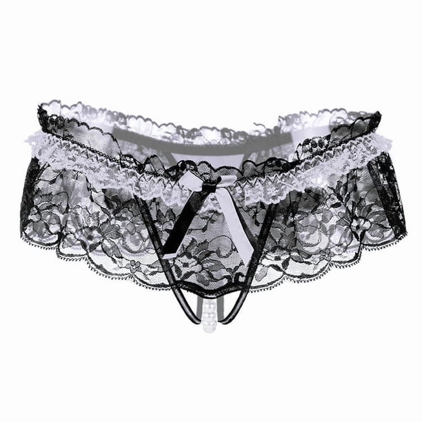 Tangas de malla con encaje floral, bragas con lazo y entrepierna abierta con perlas artificiales, lencería y ropa interior sexy para mujer