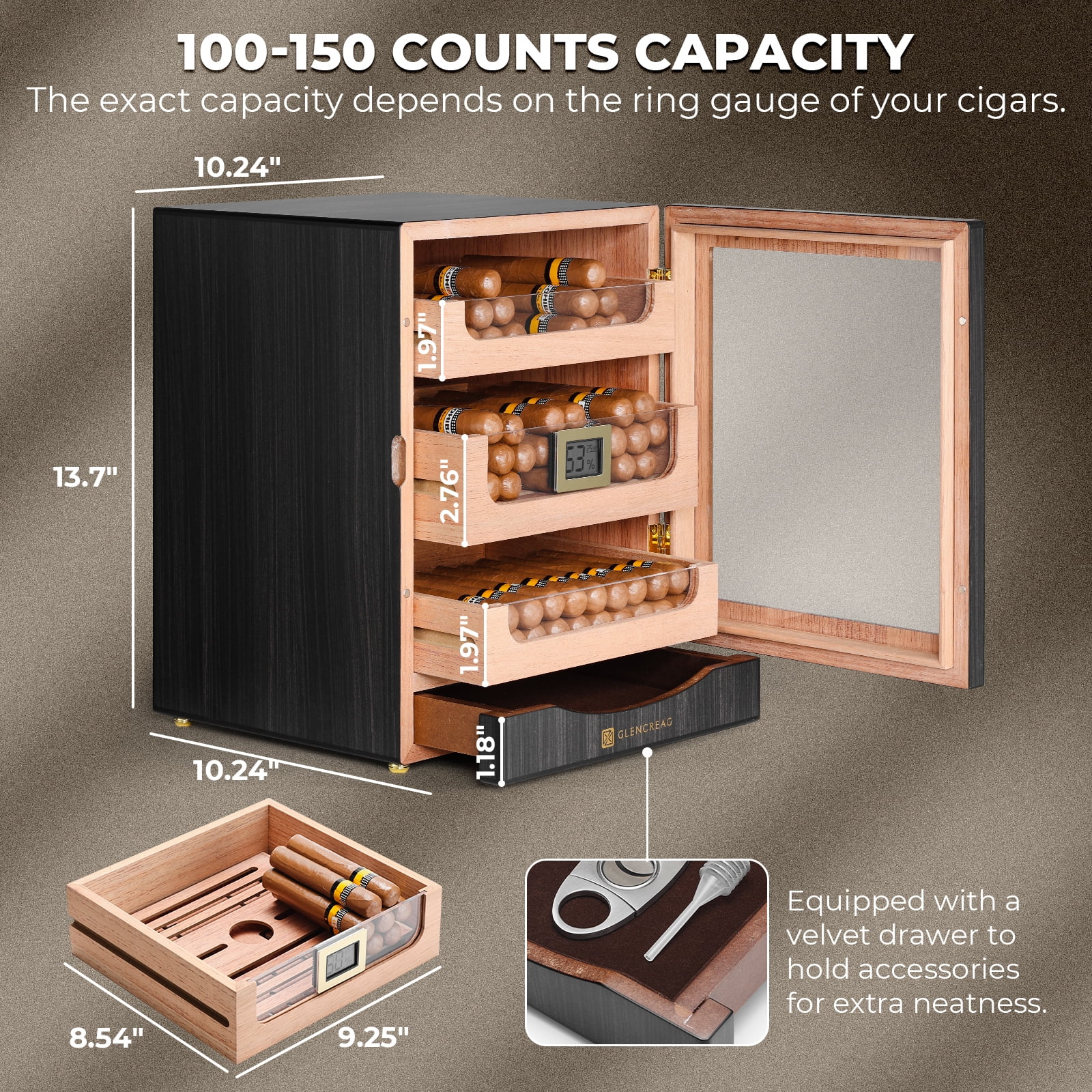 GLENCREAG MET-1031 Cigar Humidor Cabinet for 150 Cigars with Spanish Cedar Lining, Tight-Seal Magnetic Door, 3+1 Large Capacity Drawers, Gift for Cigar Aficionado (Ebony)
