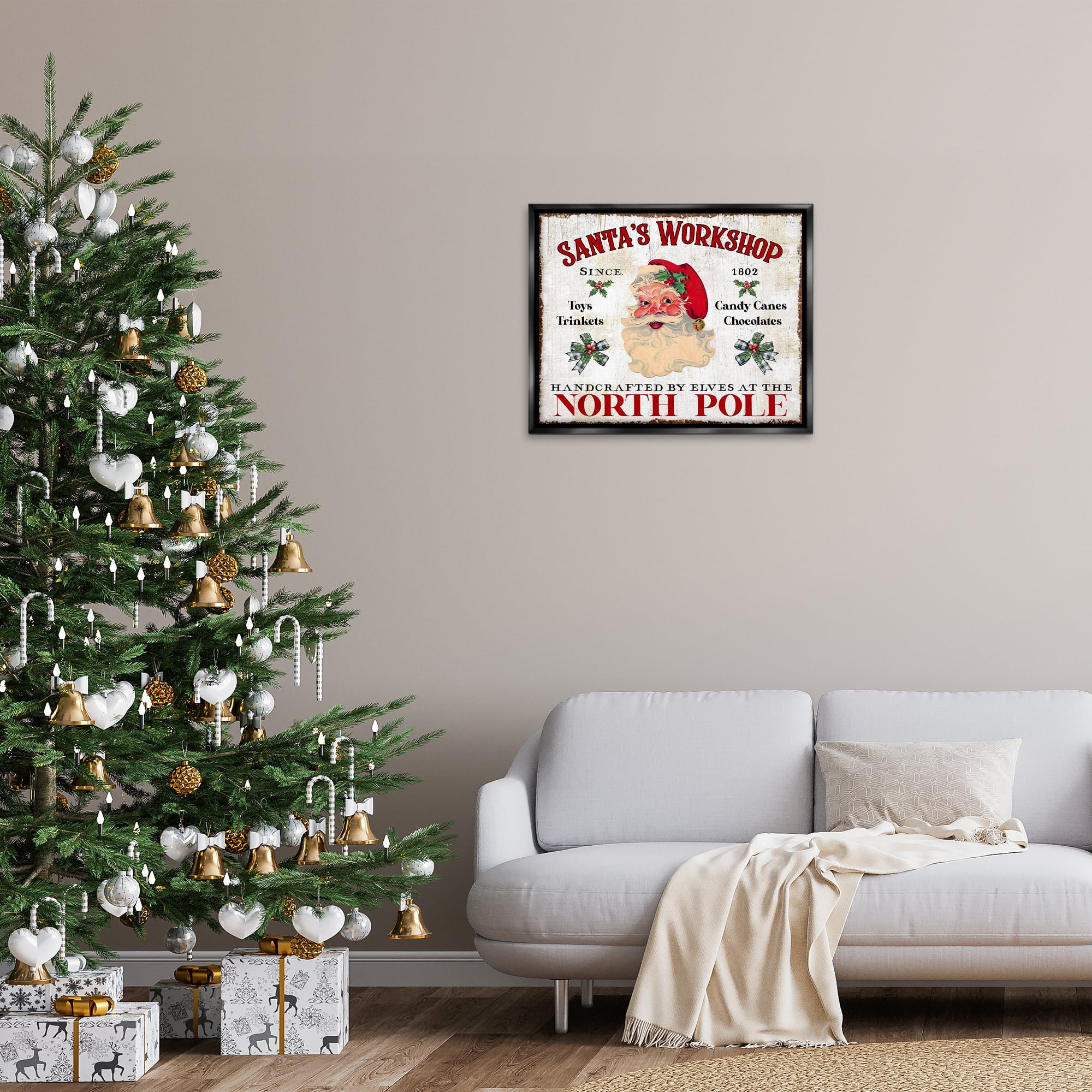 Stupell Industries North Pole Santa's Workshop Holiday Painting Black Floater Framed Canvas Art Prints Wall Art, 31 x 25