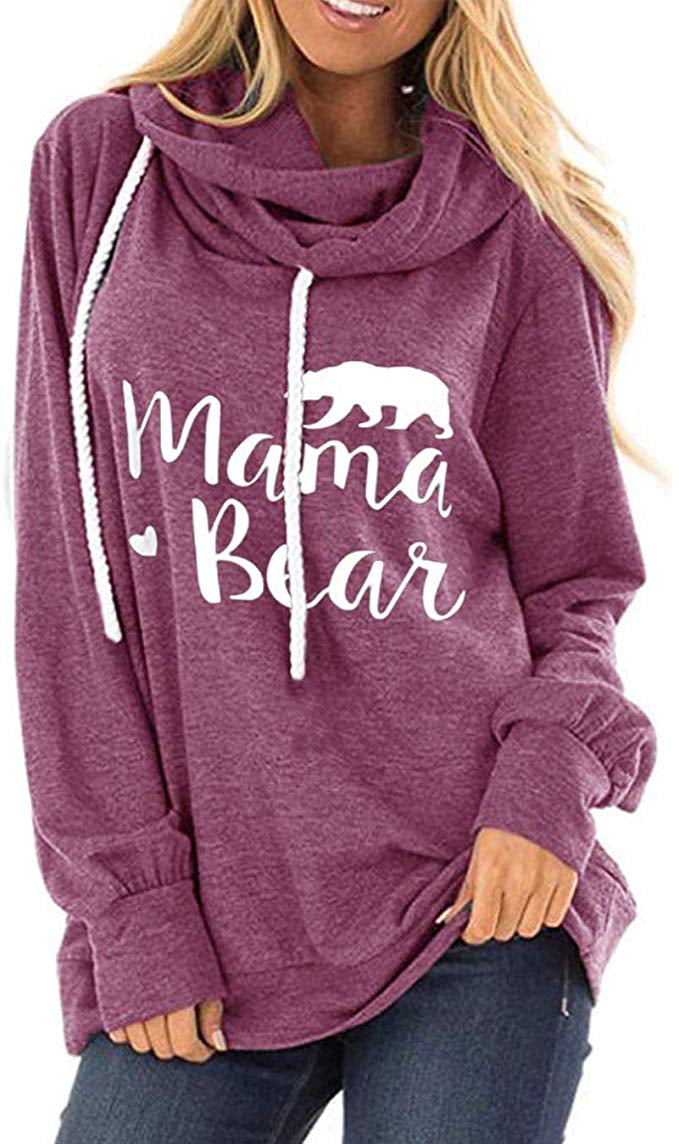 ZIOOER Womens Mama Bear Printed Hoodie Long Sleeve Drawstring Hooded Pullover Sweatshirt
