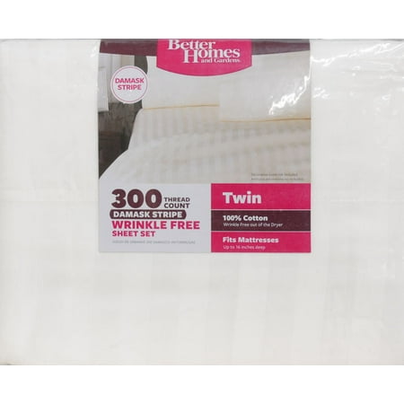 Better Homes & Gardens Twin 300 Thread Count Damask Stripe White Bed Sheet Set, 1