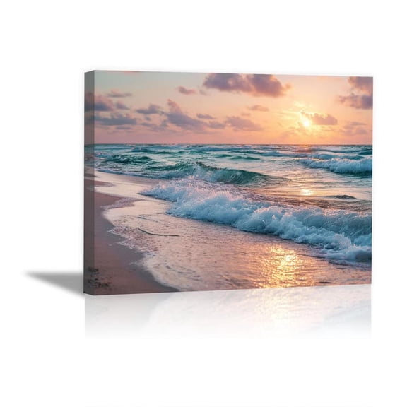 Peach Sunset Turquoise Ocean Wave Framed Canvas Wall Art Prints for Living Room Bedroom Bathroom Home Decor, Ready to Hang12"L x 8"W