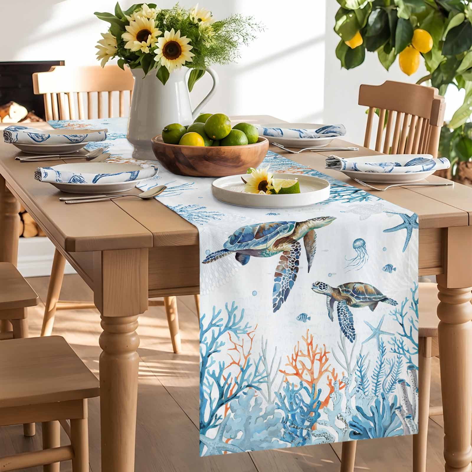 Sea ​​turtle Ocean Blue Coral Table Runner 90 Inches Long, Starfish Jellyfish Underwater World Table Runners Tabletop Scarf Kitchen Dining Tables Decoration for Home Party Indoor Outdoor