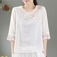 thumbnail image 3 of Tmtolofot Women Short Sleeve Top Cotton Linen Embroidery Tunic Tops Female Casual Fit V Neck Tees Shirt Ladies Vintage Boho Breath Blouses Shirt Thin Comfy Lapel T Shirt，1_White，Medium, 3 of 5