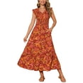 thumbnail image 2 of INSPIRAR CHIC Vestidos de Verano para Mujeres Casual con Mangas Cortas en V Cuello Fruncido Floral con Volantes y Capas Fluidas Maxi Vestido de Playa XL Rojo Ladrillo, 2 of 5