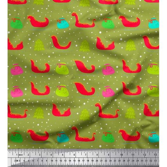 Soimoi Green Rayon Crepe Fabric Santa Bag,Tree & Sleigh Christmas Print Fabric by Yard 46 Inch Wide