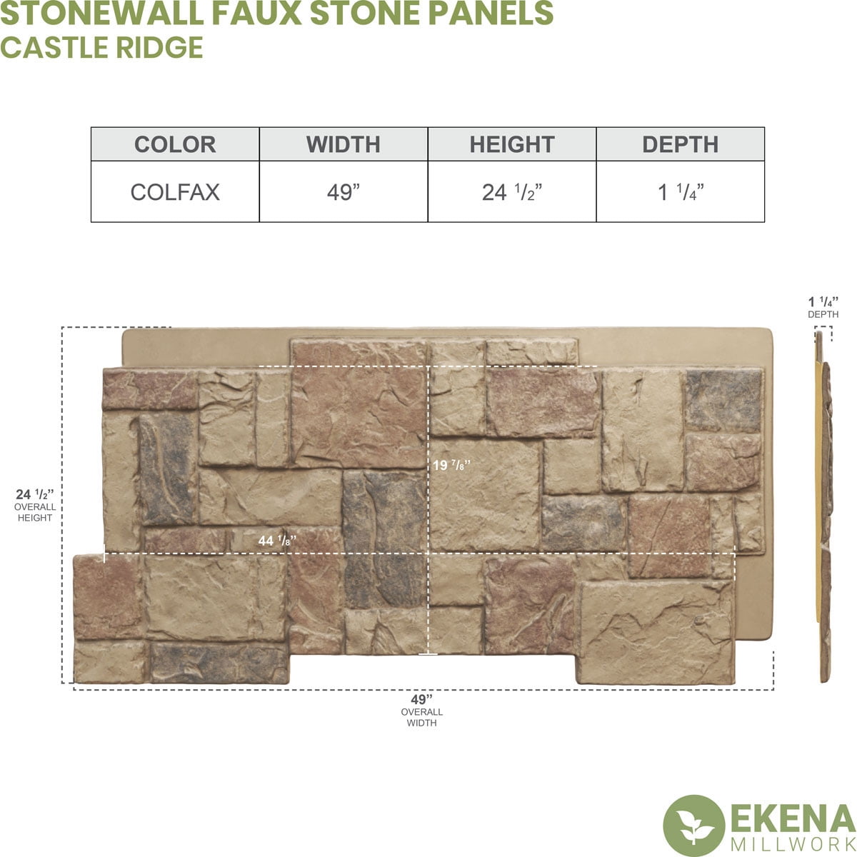 Ekena Millwork 49"W x 24.50"H x 1.25"D Castle Rock Stacked Stone, StoneWall Faux Stone Siding Panel, Colfax