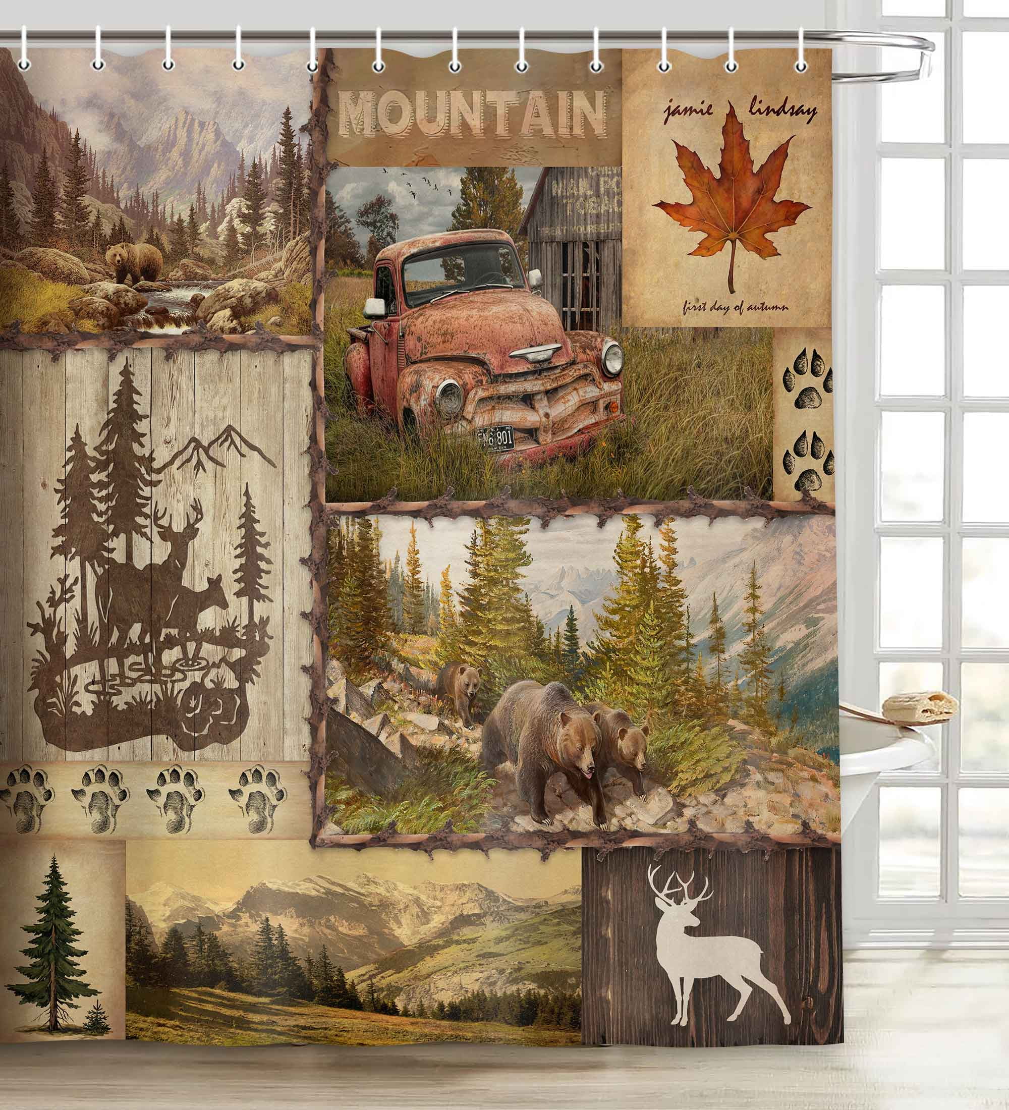 Rustic Shower Curtain, Country Woodland Mountain Bear Deer Decor Shower Curtains Set with Hooks, Western Farmhouse Fabric Bathroom Curtains, 72X72 Inches