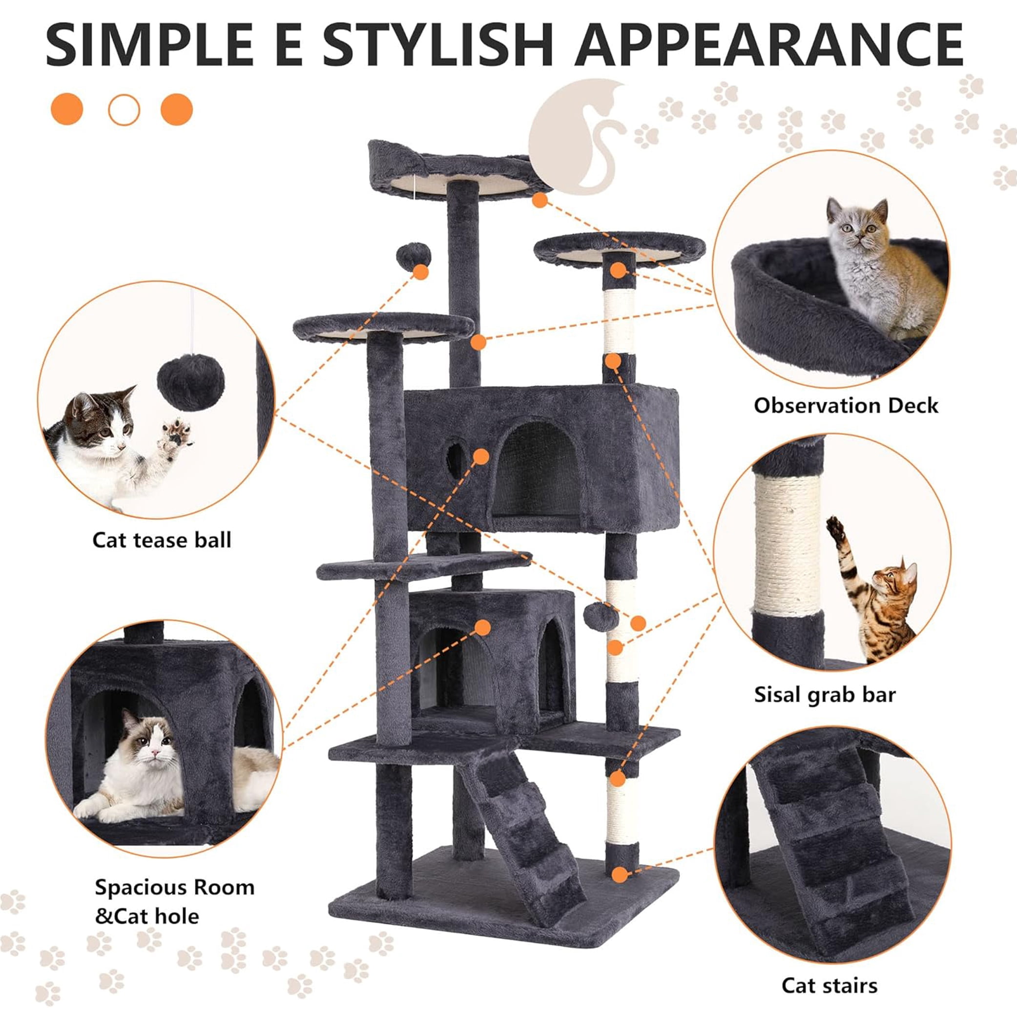 XF XINFENG 54in Cat Tree Tower Stand Multi-Level Kittens Cozy Condo Furniture Cats House with Funny Toys Scratching Sisal Posts for Indoor, Ashy