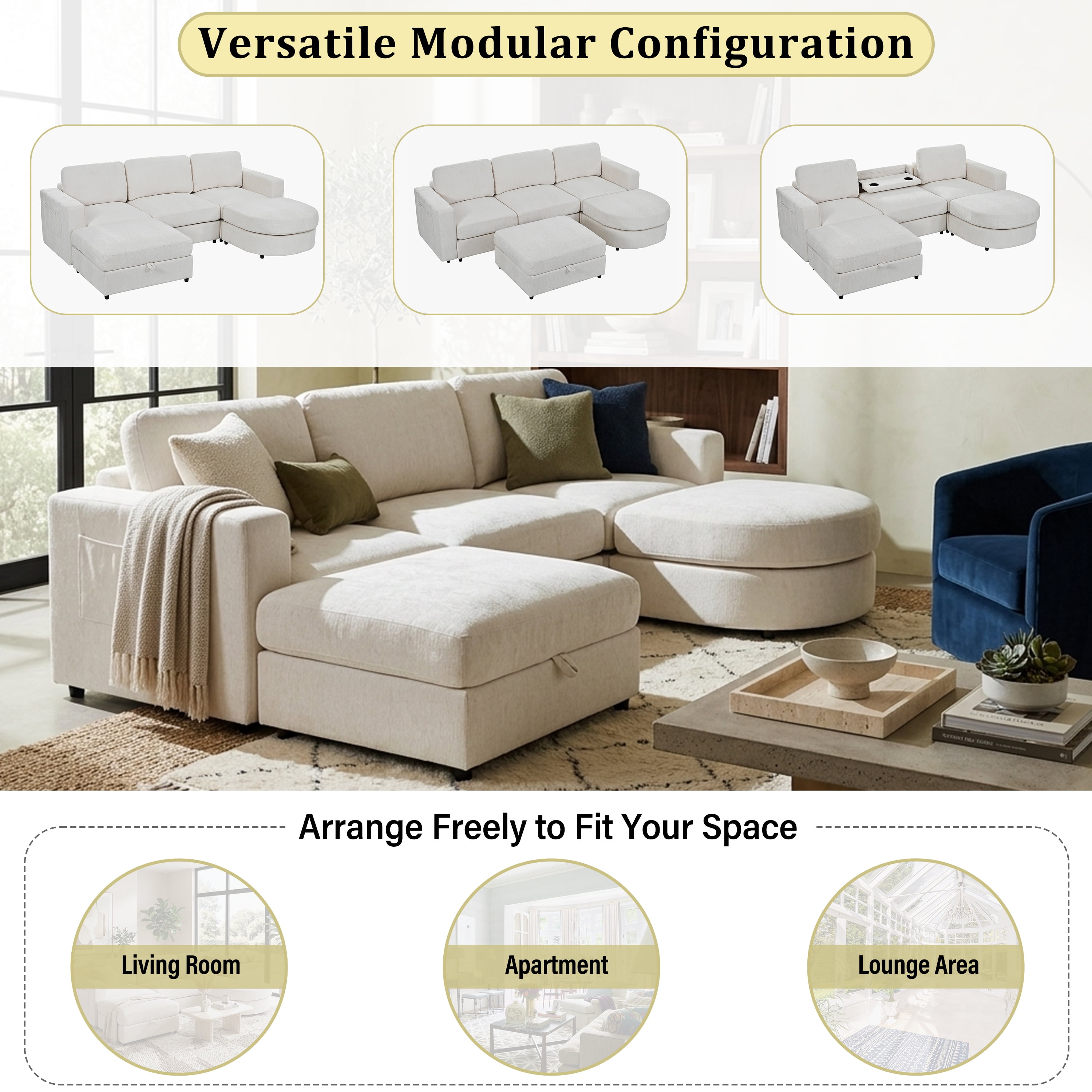 Wakefit 102.4" U-Shaped Sectional Sofa with Storage Ottoman & Curved Chaise,Modern Chenille Modular Couch with Drop-Down Console,Built-in Cup Holders & Side Pockets for Living Room,Beige