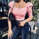 thumbnail image 3 of Camiseta informal con manga abombada y cuello redondo para mujer, camiseta ajustada acanalada de Color puro, Top rosa M, 3 of 7