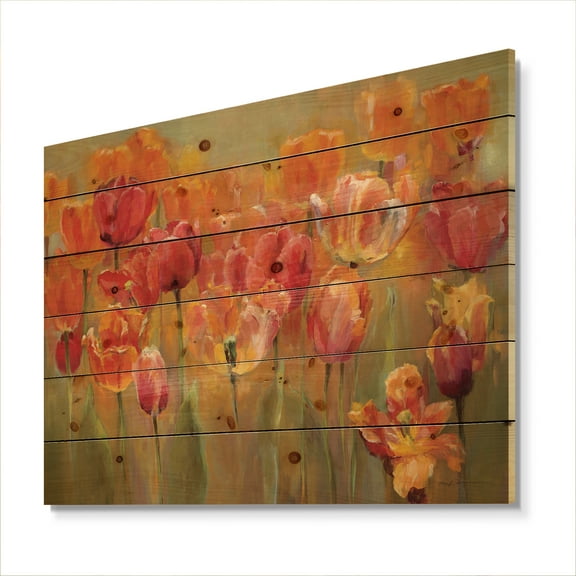 Designart 'Red Handpainted Tulips' Traditional Print on Natural Pine Wood