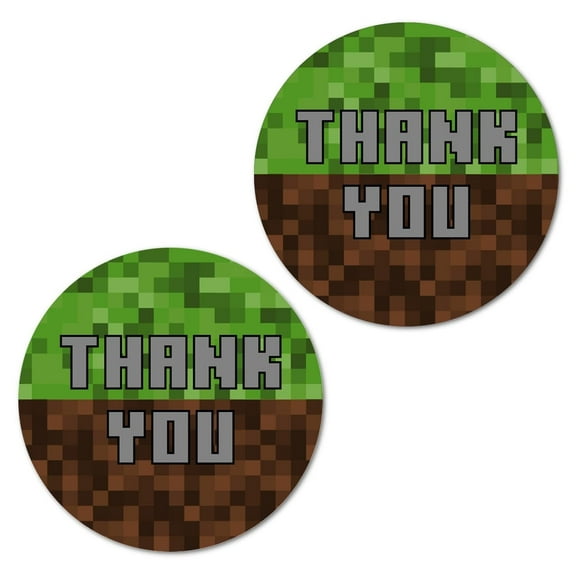 126 Pixel Miner Thank You Stickers, 1 Inch Big Round Glossy Labels, Great for Mine Themed Birthday Party, Envelope Seal, Boy or Girl Craft Decoration Favors Supplies. Made in USA