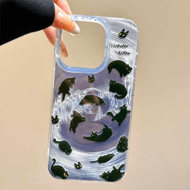 Cute Black Cat Phone Case For iPhone 11 Case iPhone 16 13 15 12 14 Pro Max Vortex Pattern Cartoon Animals Soft Shockproof Cover