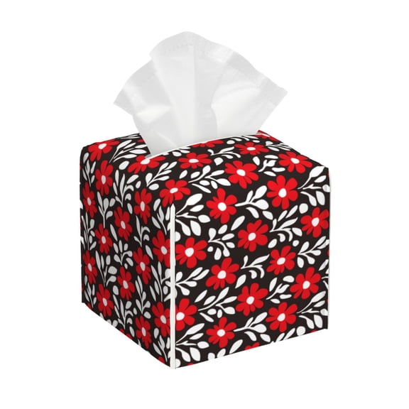 Kdxio Red Floral Print Tissue Box Cover,Square Decorative PU Leather Facial Paper Case Organizer Holder Dispenser for Bathroom,Night Stands,Desk,Car 5.2''X5.2''X5.2''