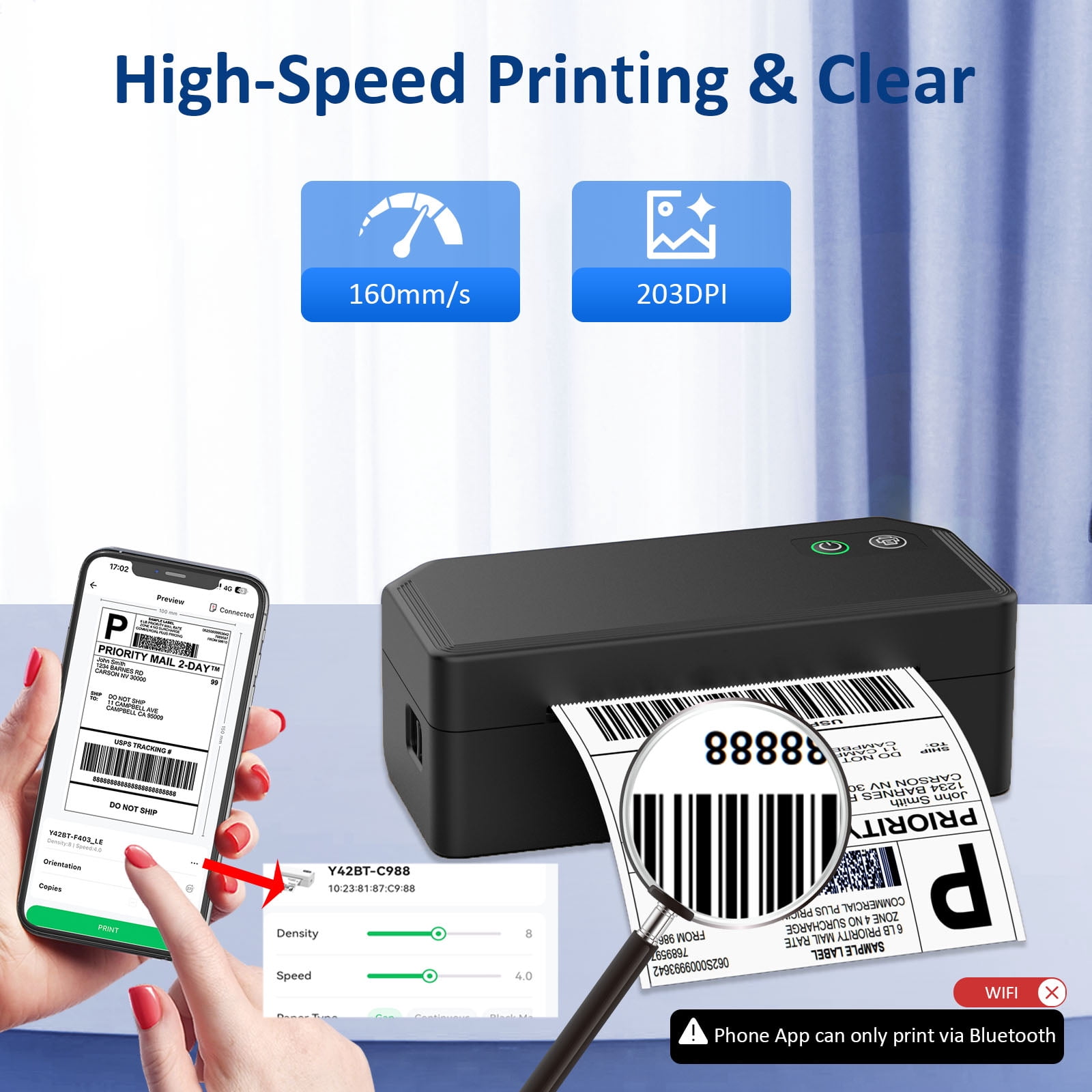 Shipping Label Printer 4x6, Bluetooth Thermal Label Printer for Small Business, Warehouse or Home Office, Compatible with Windows iOS Android Mac, USPS Amazon Ebay Etsy Black