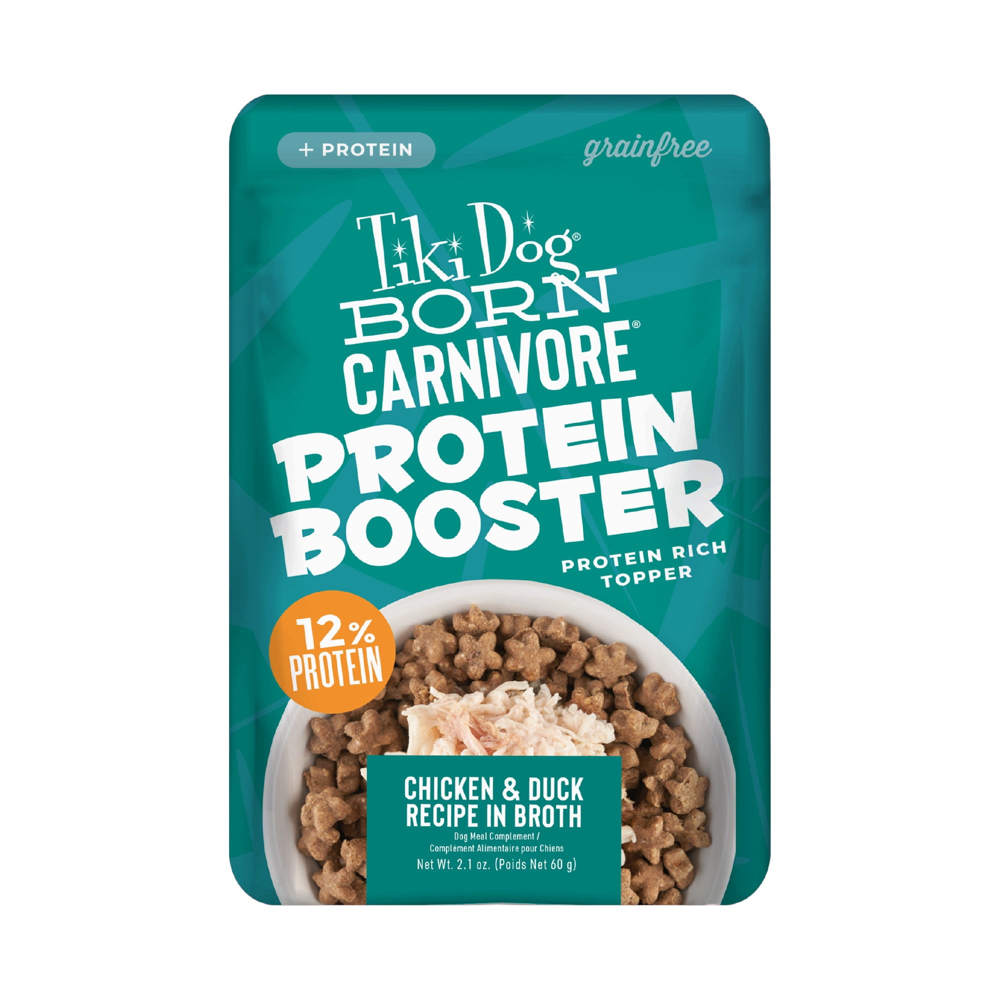 Tiki Dog Born Carnivore Protein Booster Chicken and Duck Recipe in Broth Dog Food Topper, 2.1 oz., Case of 12