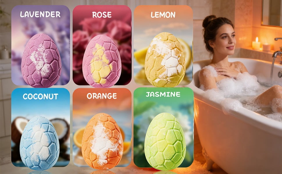 Dinosaur Egg Bath Salts Balls Set,6-Piece Aroma Fizzies for Body Cleansing,Relaxing Gift for Kids,600g