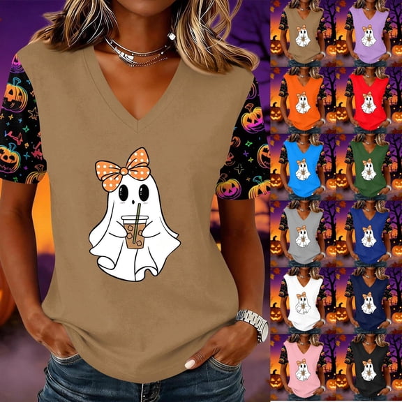 Short Sleeve Tops for Women Halloween Tshirt Graphic Shirts Fall Funny Cute Printed Pullover Tops
