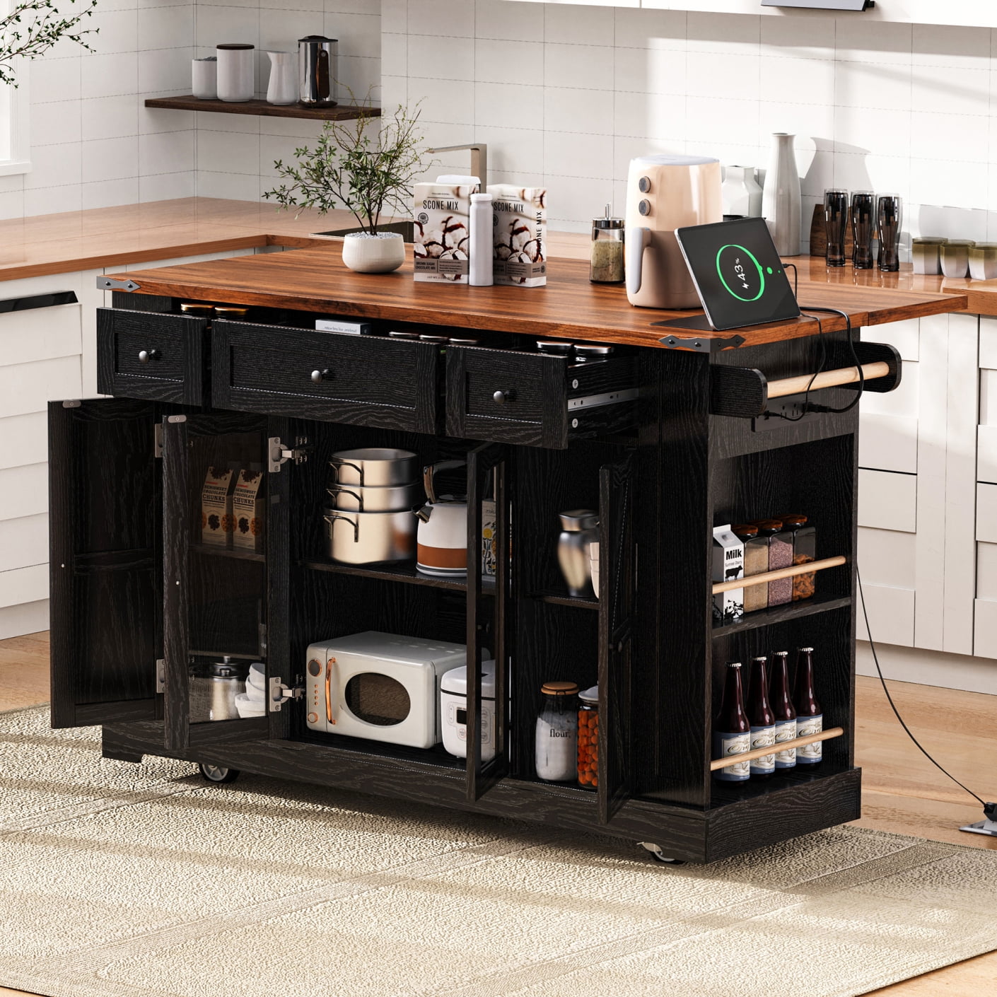 53'' Farmhouse Kitchen Island with Two Tempered Glass Cabinet Doors, Kitchen Rolling Island with Power Outlet 5 Open Side Racks and 3 Drawers,Mobile Island Table for Kitchen, Dining Room,Black